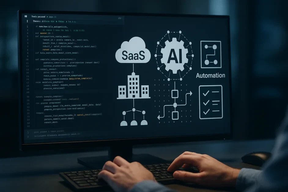AI integrations for SaaS showing workflow automation, CRM integration, AI chatbot, predictive analytics, customer support automation, and business process optimization.