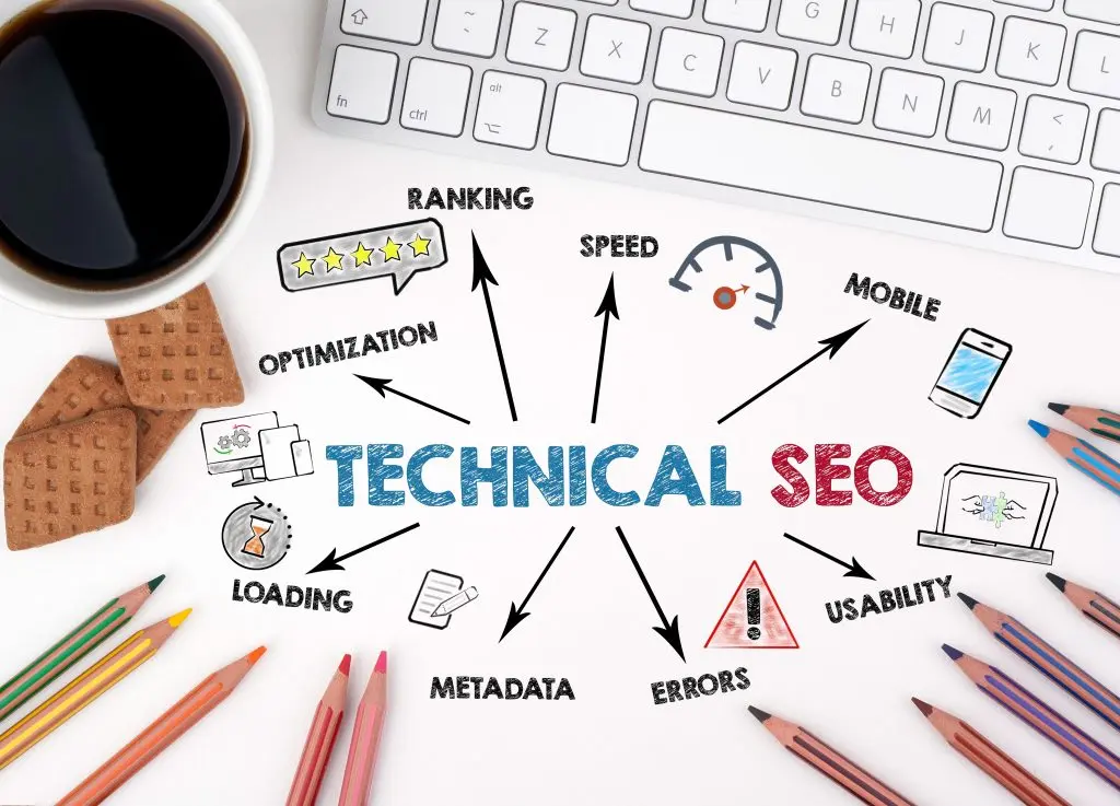 Technical SEO illustration showing website performance optimization, Core Web Vitals, XML sitemap, structured data, mobile responsiveness, and search engine indexing.