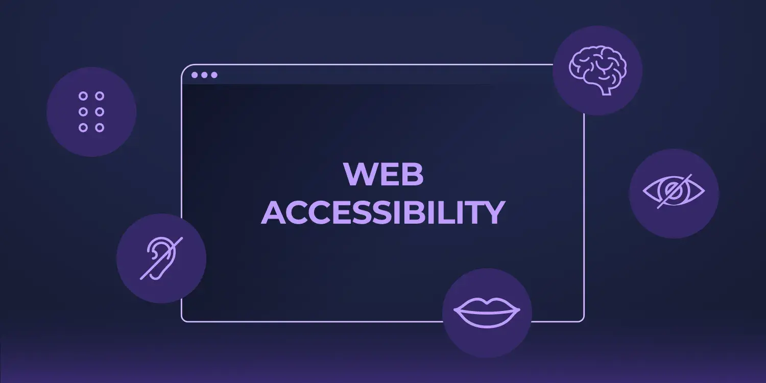 Website accessibility illustration showing inclusive web design, keyboard navigation, screen reader compatibility, responsive layouts, and WCAG compliance.